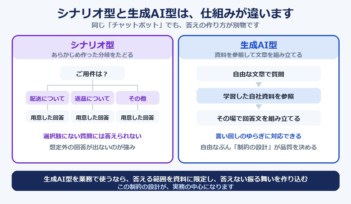 シナリオ型（分岐をたどる）と生成AI型（資料を参照して文章を組み立てる）の仕組みの違いを対比した図解